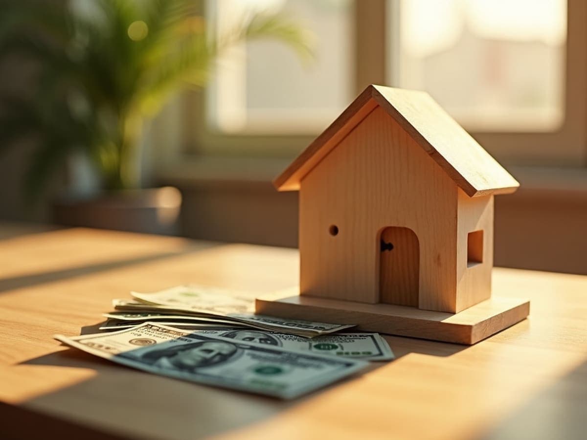 A model house beside a stack of cash on a wooden table