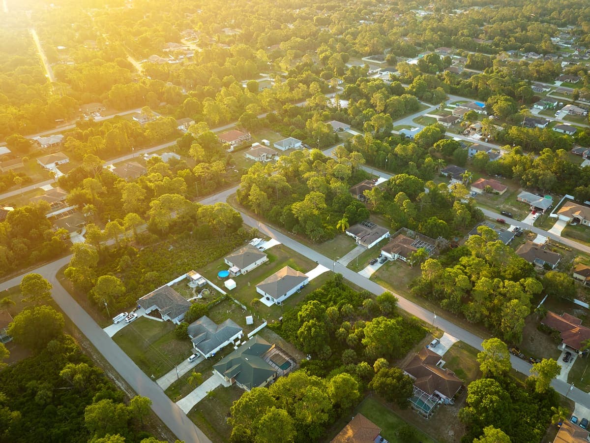 An aerial view of a Florida neighborhood with homes among palm trees