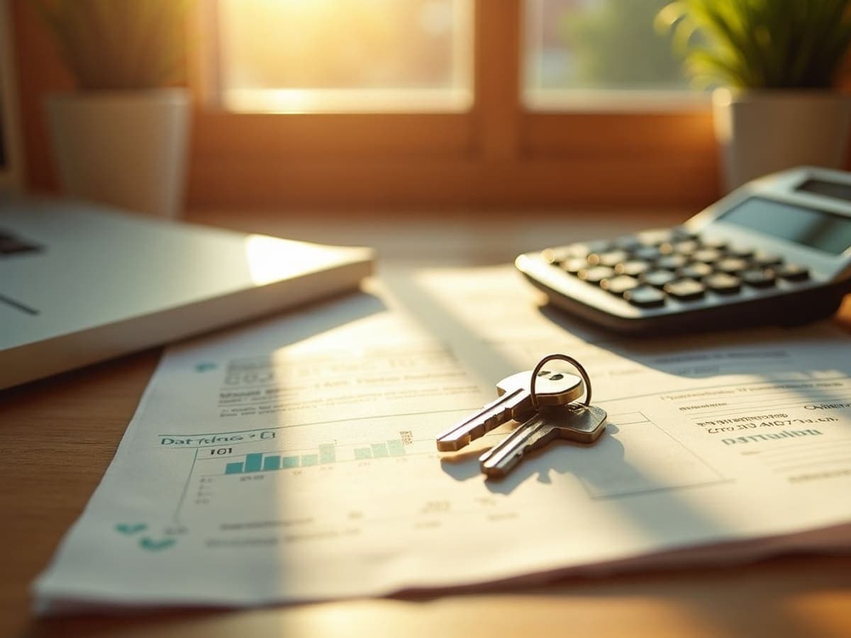 A calculator and house keys resting on financial paperwork
