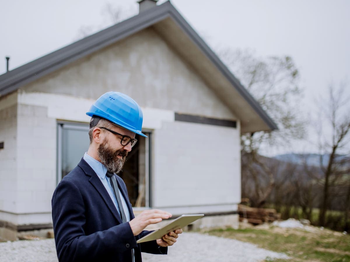 A home inspector with a clipboard examining a house