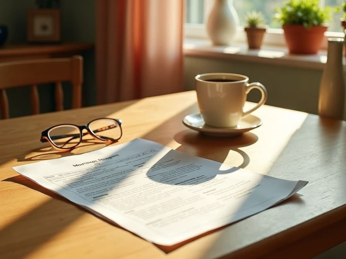 Mortgage paperwork, reading glasses, and coffee on a kitchen table